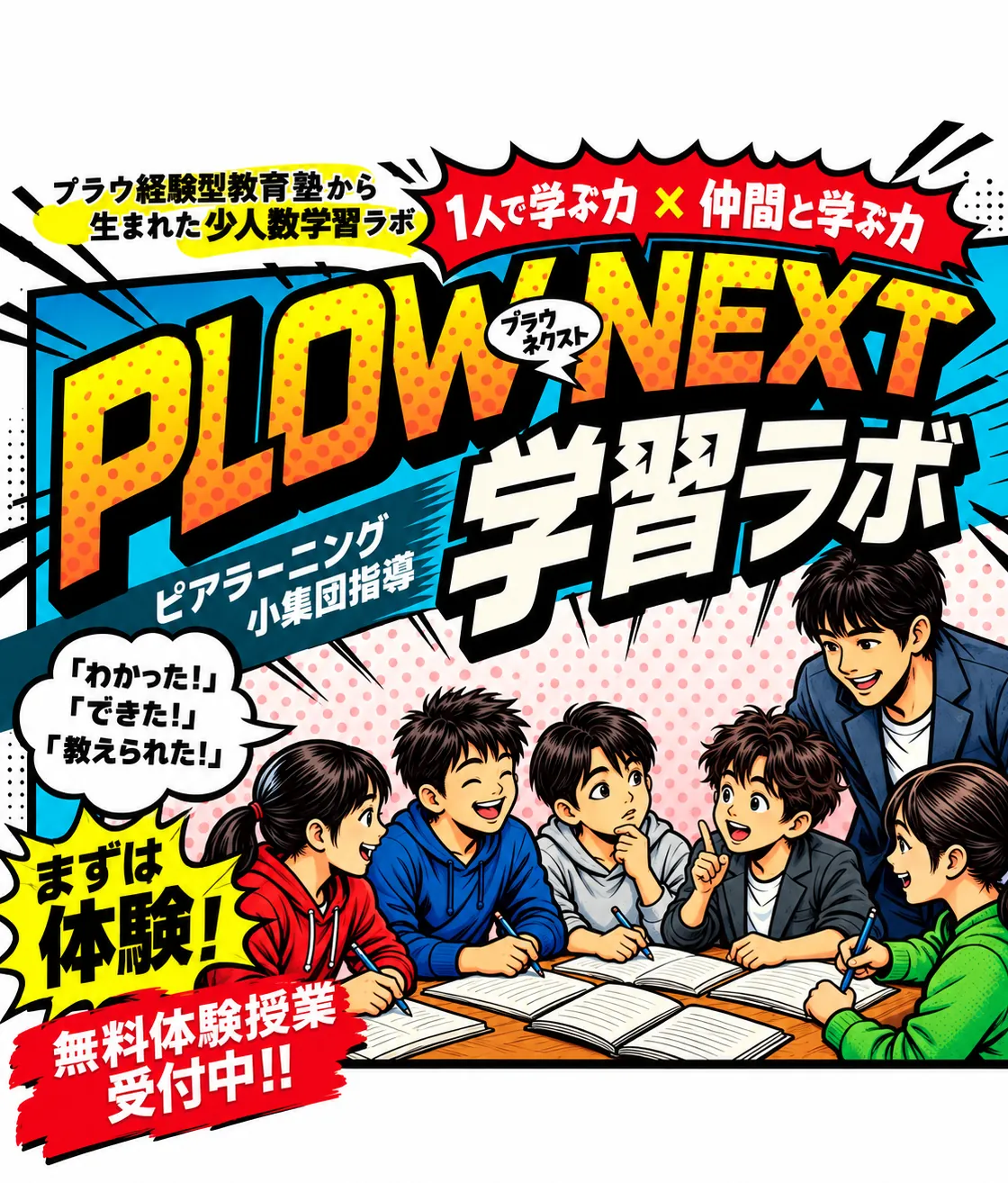PLOW NEXT 学習ラボ。1人で学ぶ力 × 仲間と学ぶ力。ピアラーニング小集団指導。机を囲んで教え合う生徒たちと、見守る講師。無料体験授業 受付中
